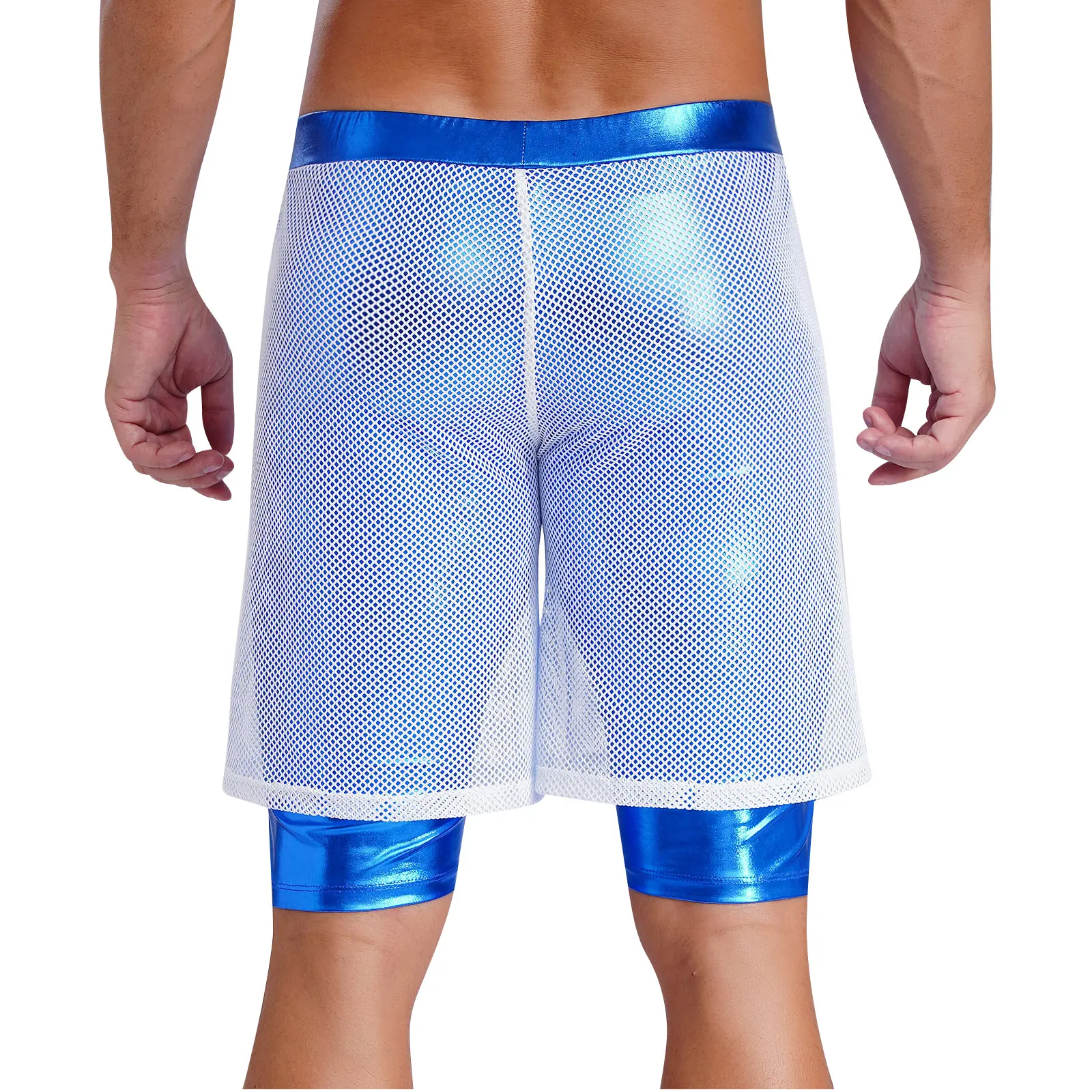 Pantalones cortos deportivos de entrenamiento para hombre, cintura elástica, malla transparente, forro metálico brillante, Boxer, pantalones cortos para gimnasio, Fitness, playa, bañadores