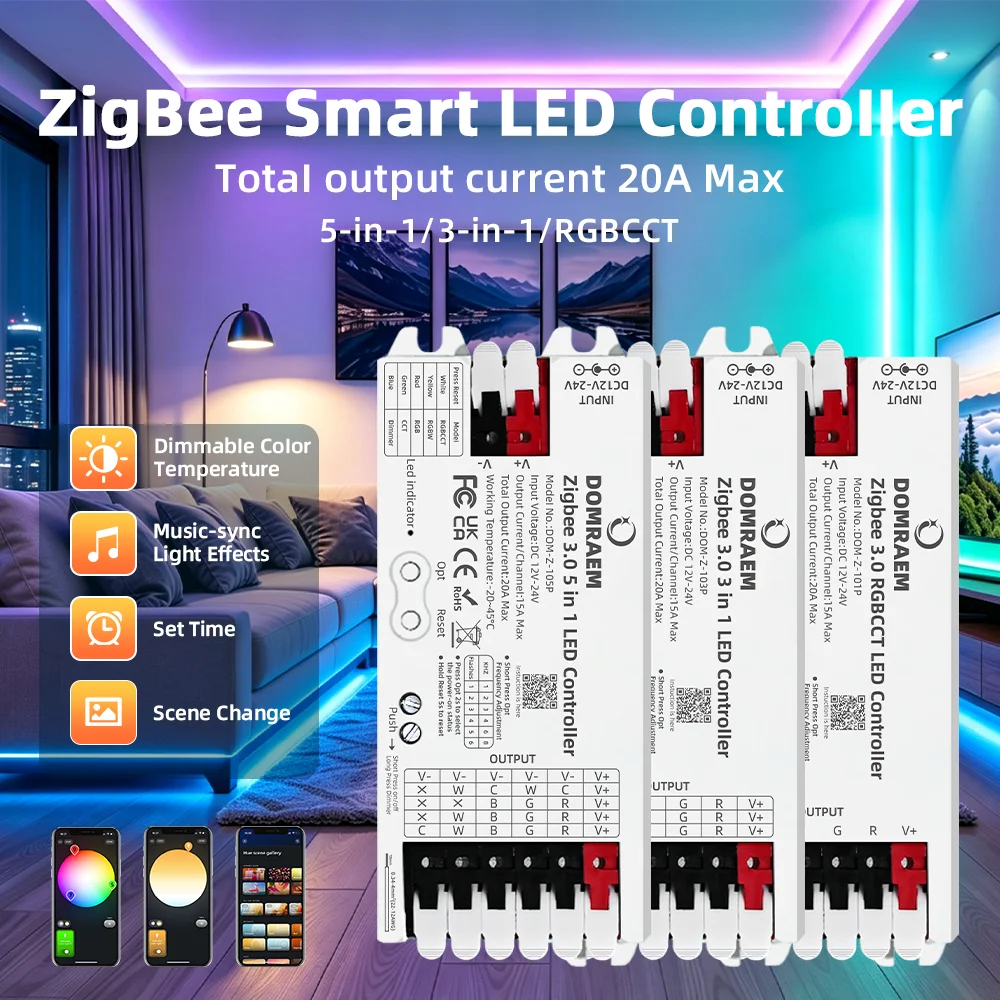 DOMRAEM 20A Zigbee3.0 5 in 1 / 3 in 1 / RGBCCT LED Strip Controller Smart Dimmer Works with HU*E SmartThings Tuya Smartlife Alex
