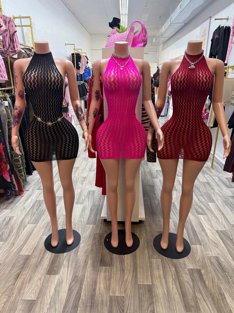 Damen Neckholder-Netzkleid, Wellenförmig Ausgeschnitten, Ärmellos, Figurbetont, Kurzes Kleid, Durchsichtiges Netzgewebe, Nachtclub-Partykleidung – Detail 3