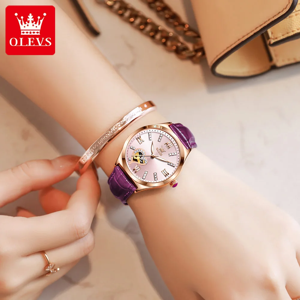 OLEVS New Mechanical Watches Women Waterproof Luminous Ladies Wrist Watch With Bracelet Gift Box Leather Strap Girls Dress Watch