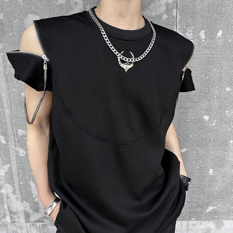 

Spring Autumn Fashion Round Neck Short Sleeve T-Shirts Men's Clothing Young Zipper Hollow Out Korean Trend Hip Hop All-match Top