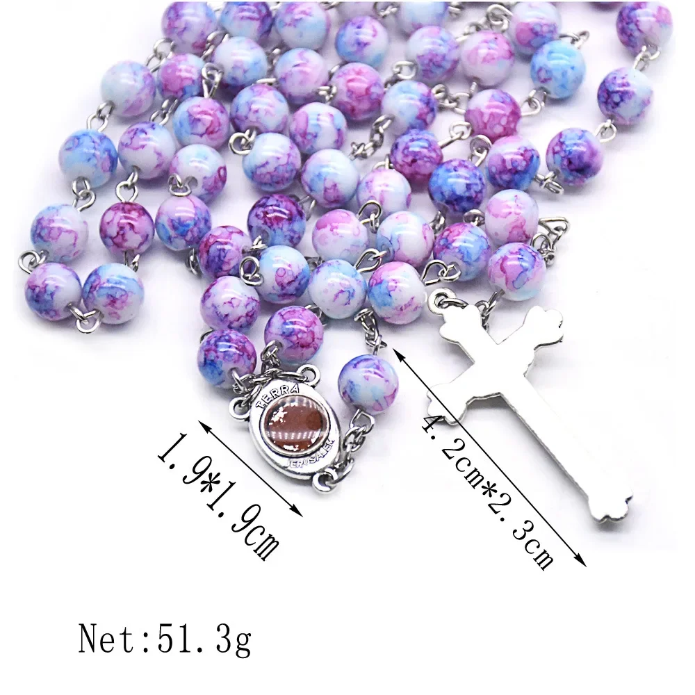 CR015 Vintage Cross Rosary Necklace 8mm Round Glass Beads Jesus Pendant Necklace Women Catholic Religious Jewelry