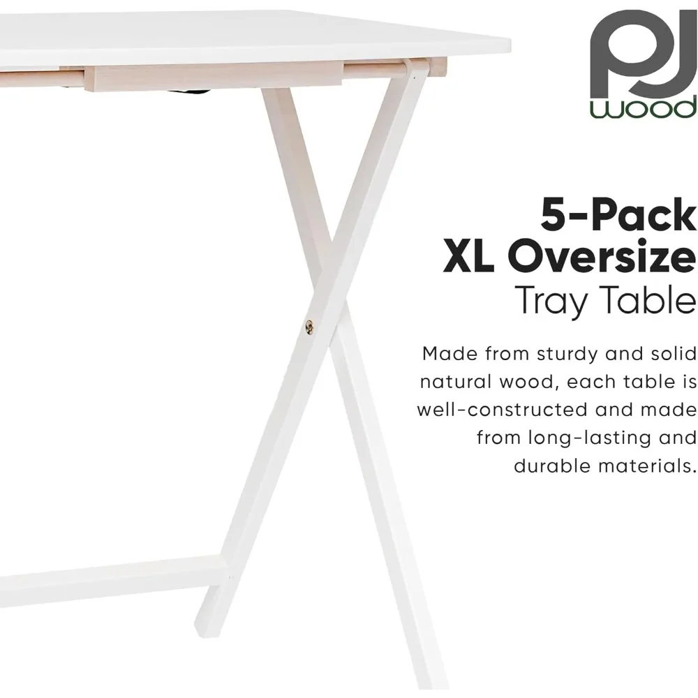 PJ Wood 5 Pack XL Oversize Tray Table for Living Room or Kitchen, Indoor TV Tray Set for Small Spaces and Family Gatherings, Whi