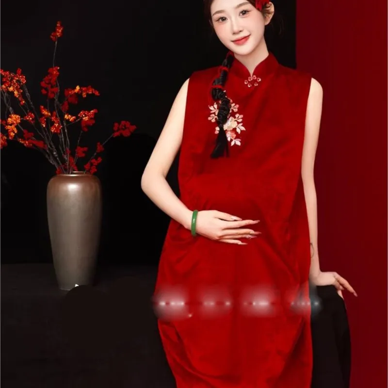 2026 Creative New Year Pregnant Women's Photo Prop Dress Pregnant Women's Red Sleeveless Dress Maternity Breathable Dress LJ340