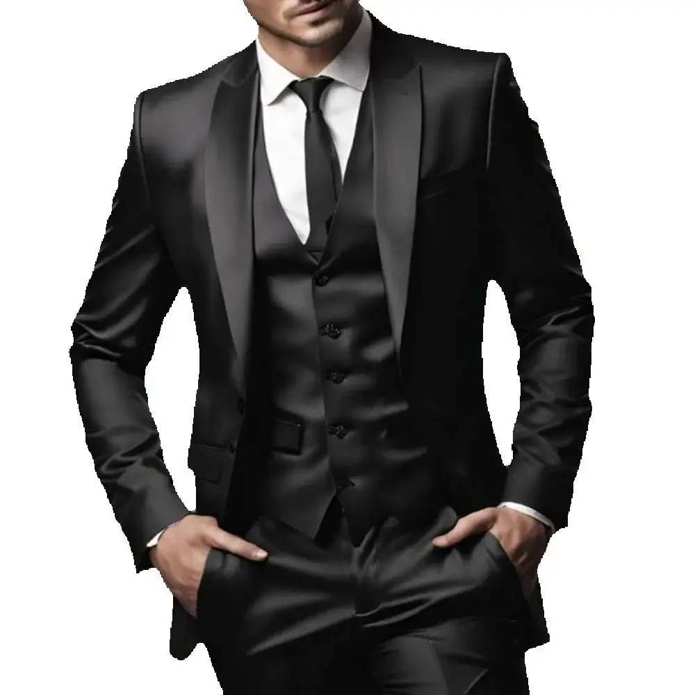 Luxury Black Men Suits Single Breasted Peak Lapel Slim Fit Costume Homme Customized 3 Piece Jacket Pants Vest Male Clothing 2024