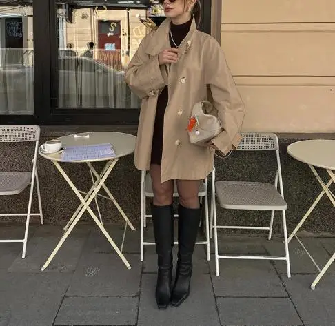 2025년 가을 패션 트렌드 단색 라펠 버튼 트렌치코트 여성 캐주얼 심플 스타일 루즈핏 긴팔 트렌치코트