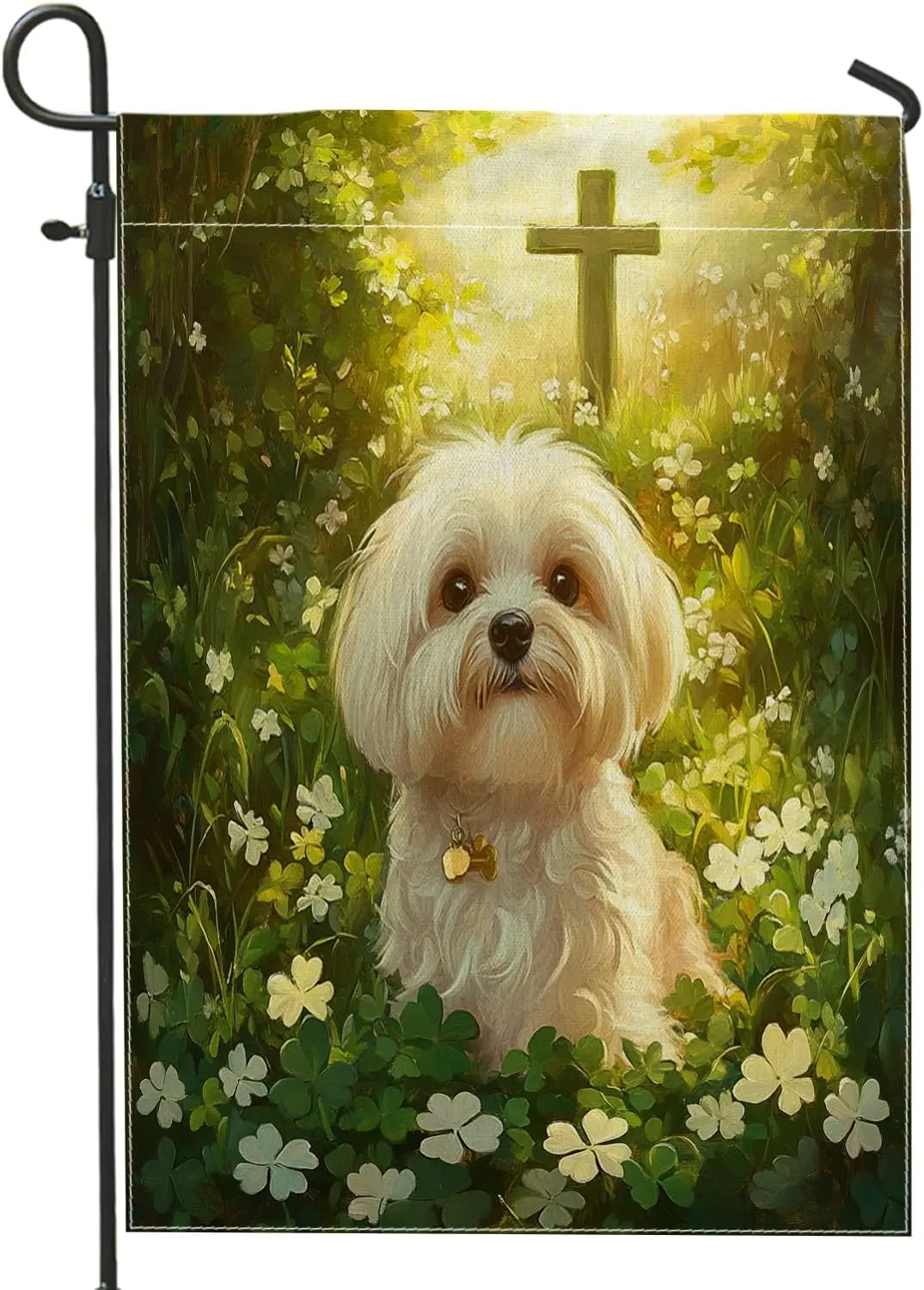St Patricks Day Havanese Dog Garden Flags 12x18 Inch for Outside, Cross Clover Pattern Standard Linen House Flags, Pet Front AAS