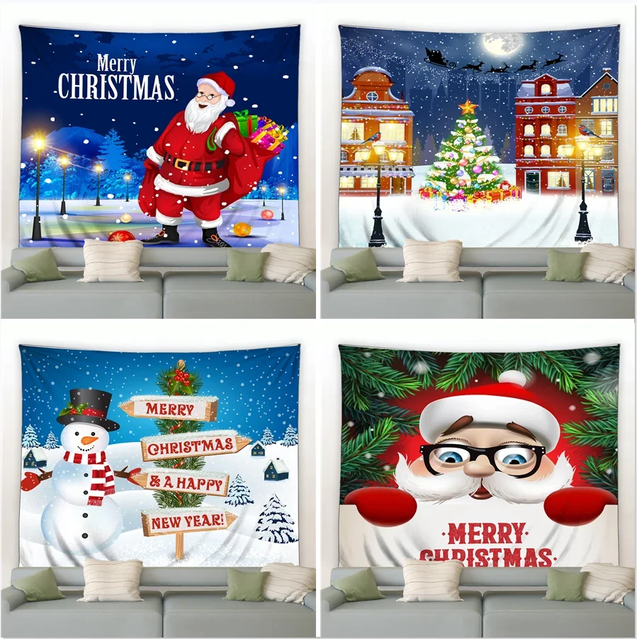 Cartoon Santa Claus Pattern Tapestry Home Bedroom Living Room Wall Decoration Christmas Theme Tapestry