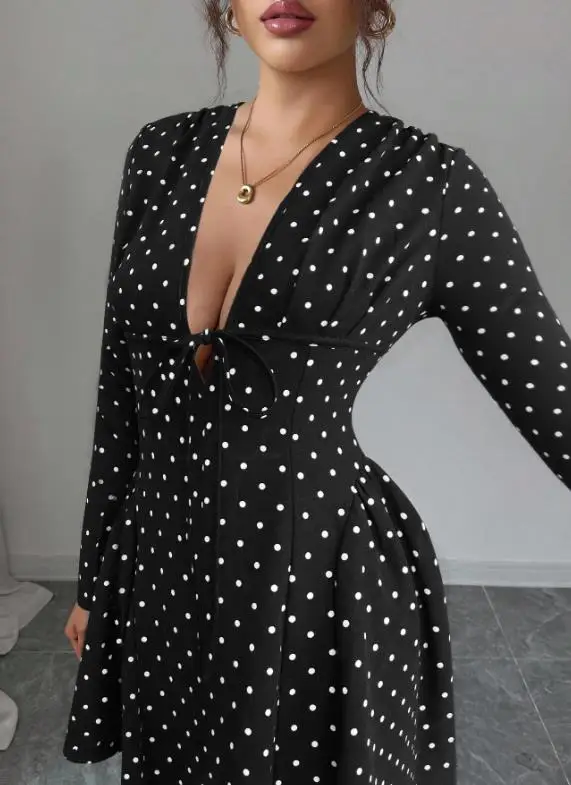 

Fashionable Sweet Polka Dot V-Neck Long Sleeve Dress Autumn Winter Elastic Waist Design New Arrival