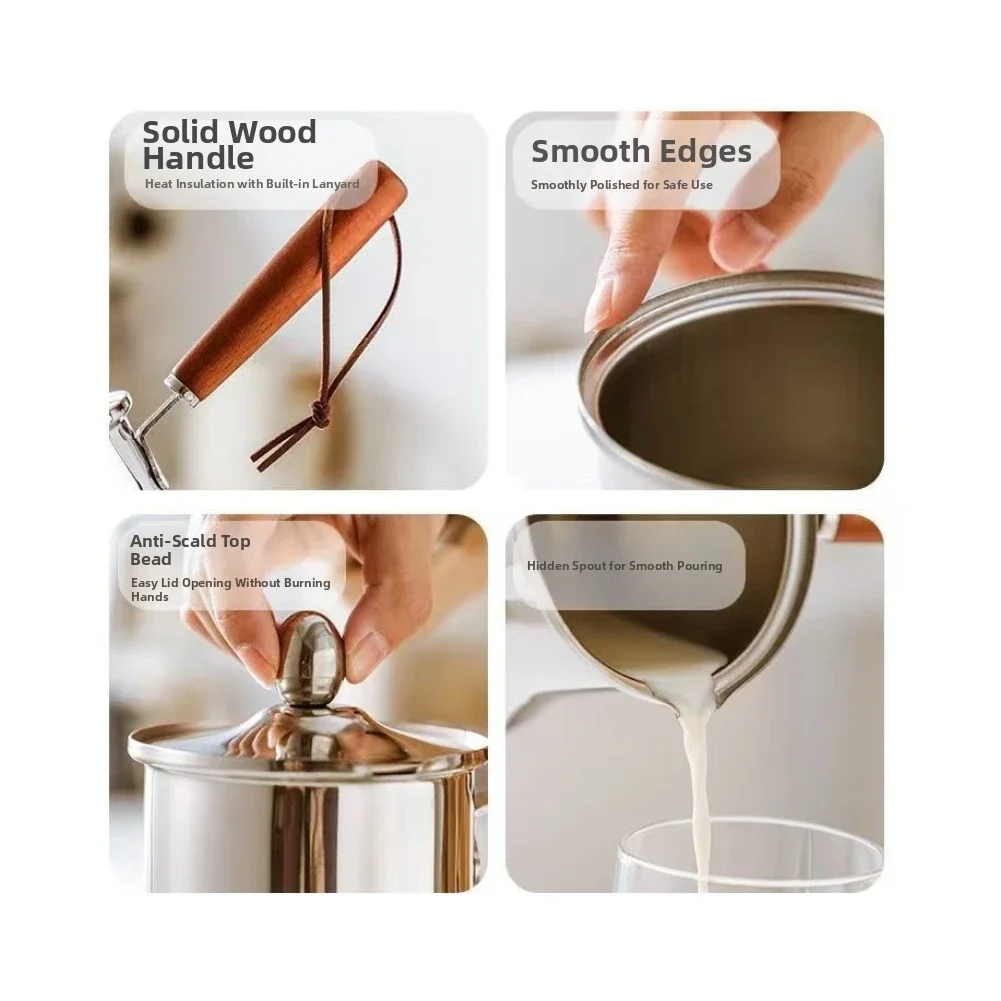 Stainless Steel Milk Pot With Intelligent Spout Design And Ergonomic Wooden Handle For Daily Milk Coffee Tea Heating Needs
