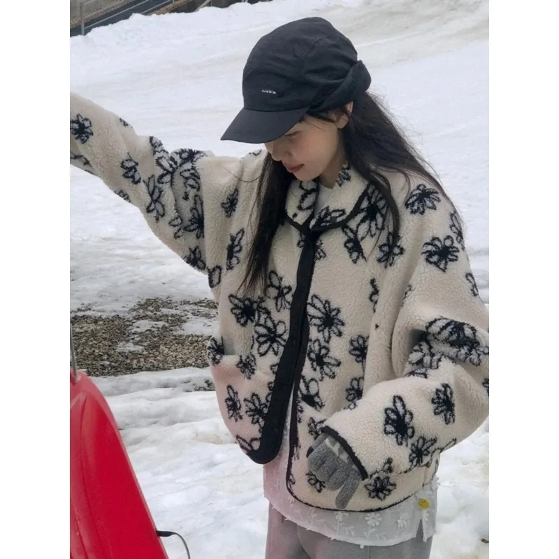 

Корейское двустороннее свободное женское зимнее теплое хлопковое пальто с цветочным узором ort Sve на молнии