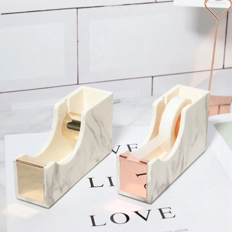 2PCS Creative Stationery Marble Pattern Tape Holder Cutter Electroplating Rose Gold And Adhesive Tape Gold Cutter Base