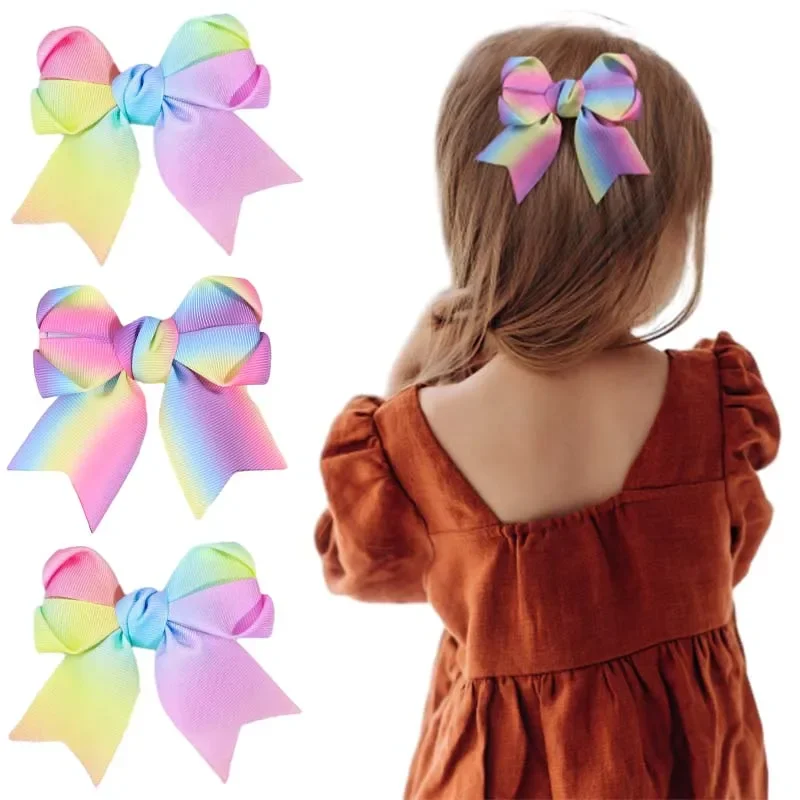 ncmama 2Pcs Gradient Rainbow Hair Clips Cute Ribbon Bow Hairpin for Children Sweet Girl Handmade Barrettes Baby Hair Accessories