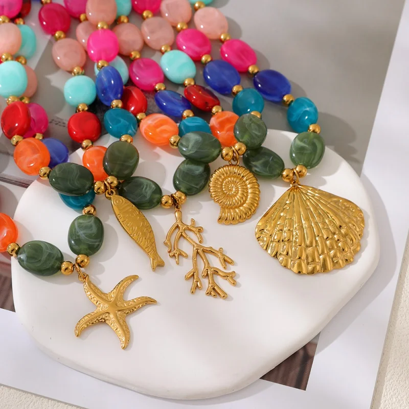 Titanium Steel & Glass Bead Necklace with Sea Life Charms – Bohemian Summer Beach Style