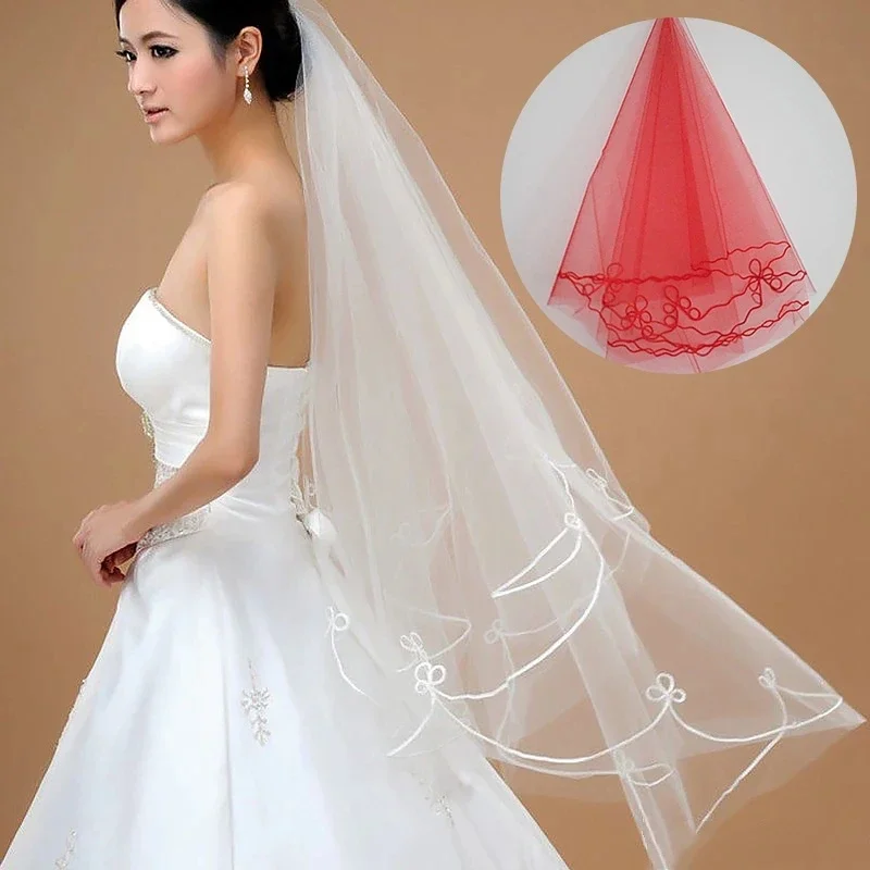 Applique Patchwork Trim Wavy Solid Color Bridal Single Layer Women Short Sheer Mesh Tulle Wedding White Red