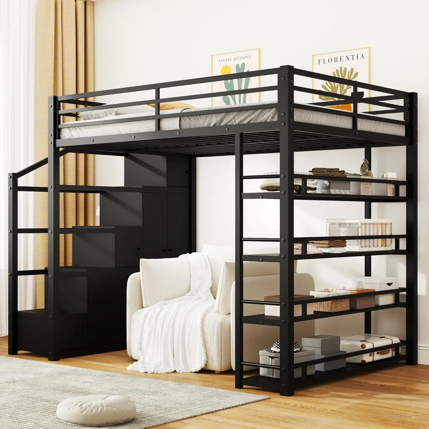 

Full Size Loft Bed with Storage Stairs, Metal Loft Bed with Wardrobe, Bookshelves & Staircase, Space-Saving Lofts, Customized