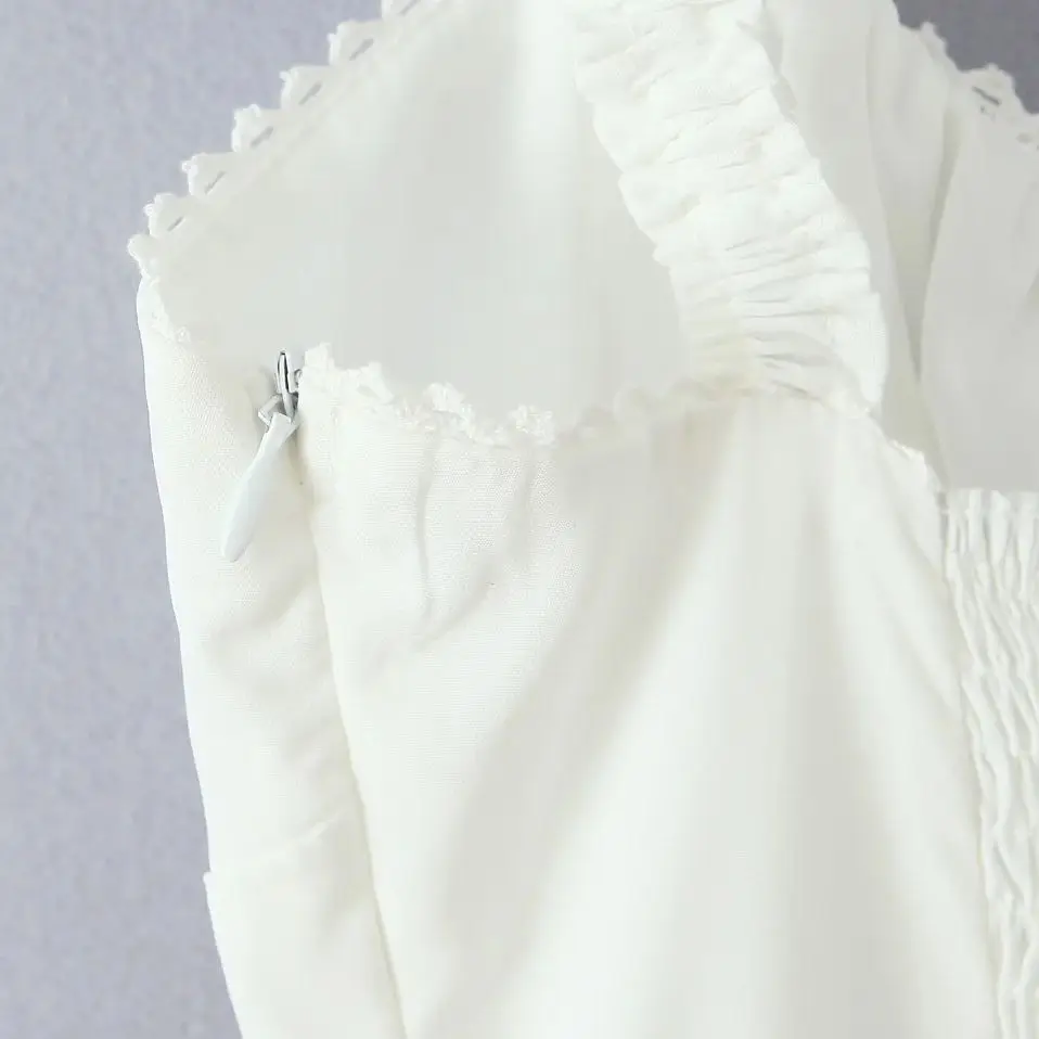 Sexy blanco botones abiertos cuello en V fruncido pecho arco correa elástica Sling vestido fruncido elástico espalda cremallera lateral A-lined Midi Robe