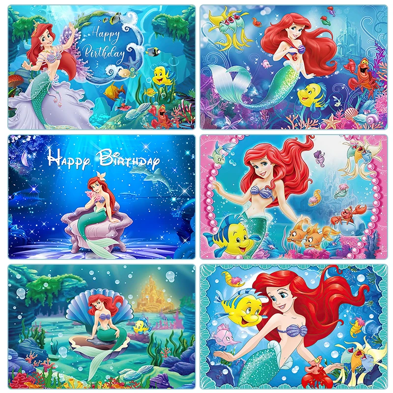 Disney Mermaid Background Baby Girl Birthday Party Decoration Supplies Baby Shower Undersea Photo Poster Photo Studio