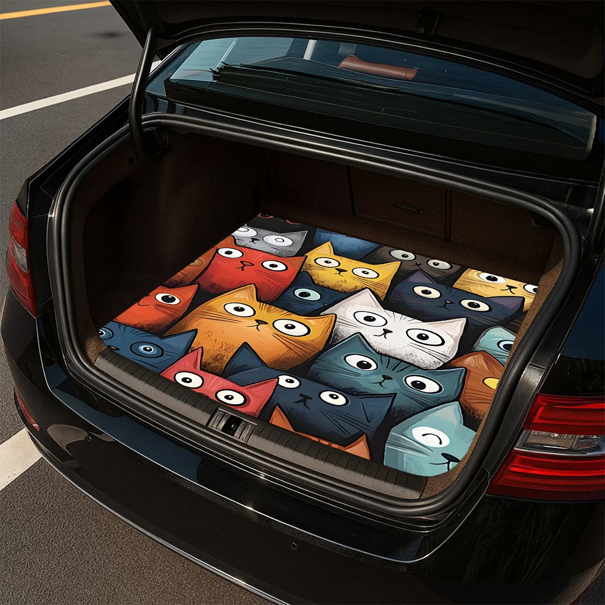 1pc 2D Flat Cute Cartoon Cat Group Car Trunk Mat - Suitable For Sedans And SUVs, Durable, Easy To Clean, Keeps Car Interior Clea