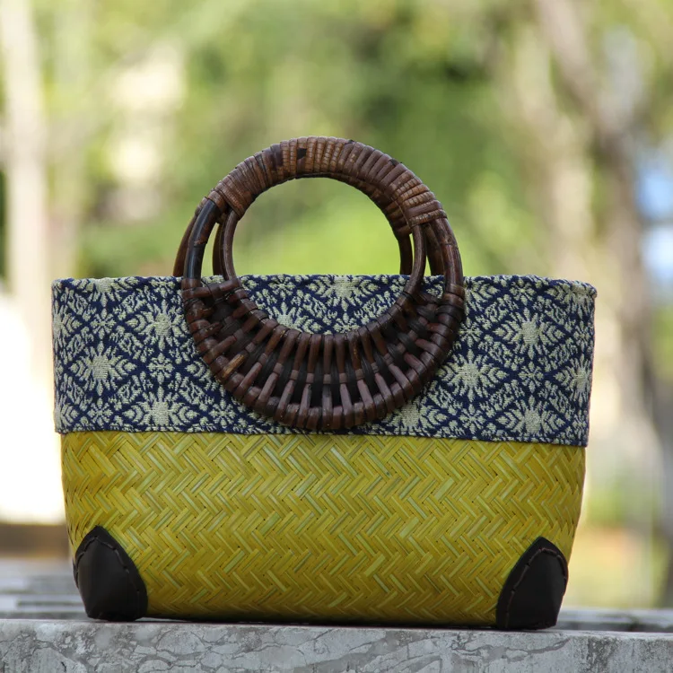 Summer Trendy Retro Handmade Bamboo Woven Handbag Environmental Protection Women\'s Woven Bag Beach Travel Bamboo Woven Handbag