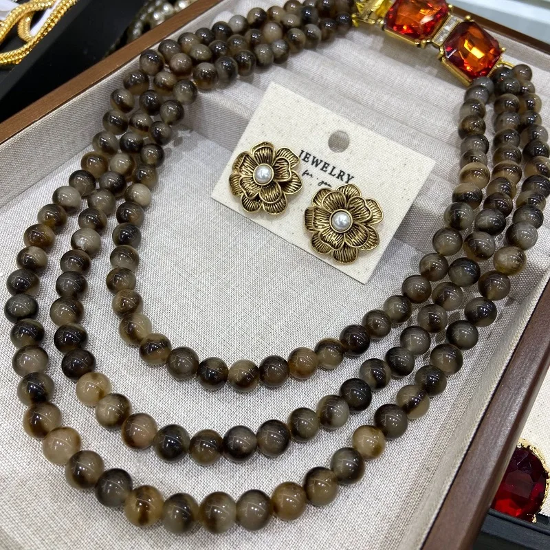 Natural Stone Brown Bead Necklace Amber-Colored Gemstone Chain Women Girls Gifts Fashion Jewelry Hot Sale Party Gift 2026