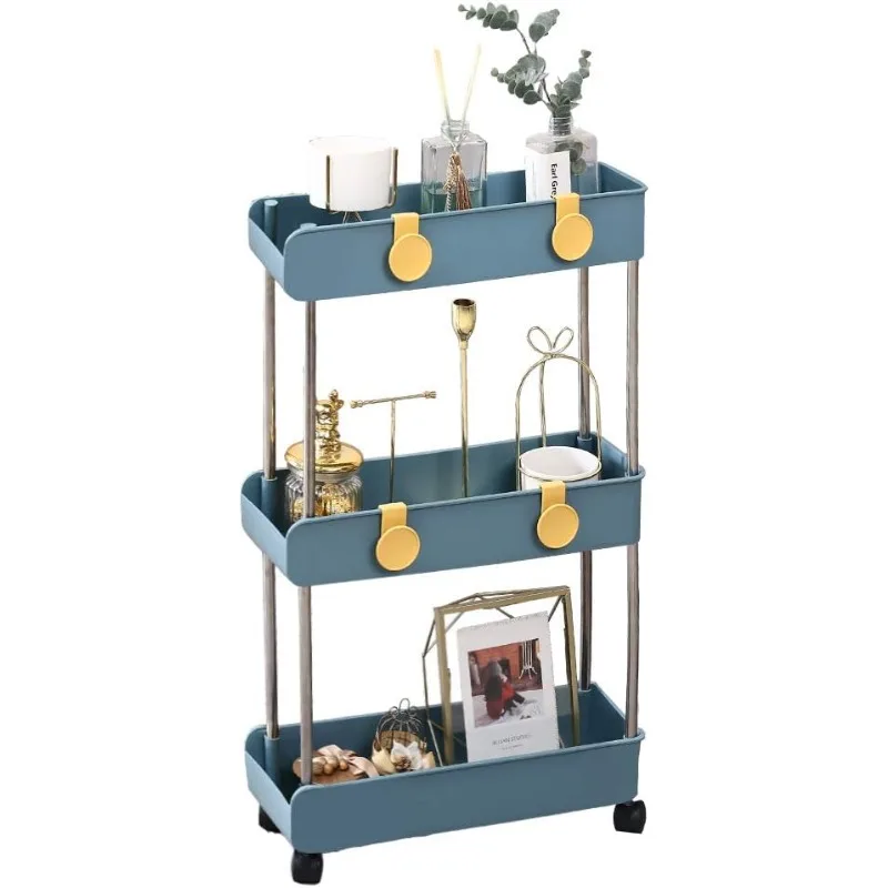 3-Tier Slim Mobile Shelving Unit on Wheels, Slide Out Rolling Bathroom Storage Organizer, Utility Carts Shelf Rack for