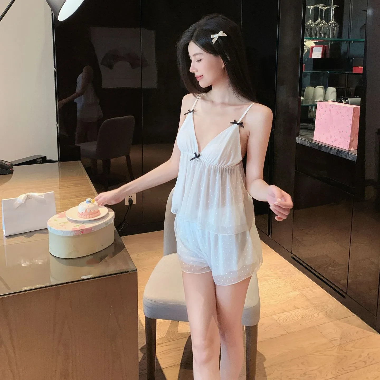 Sexy Lace Mesh Suspender Pajamas Set Summer Women Sleepwear Loungewear Pyjama Homewear 5