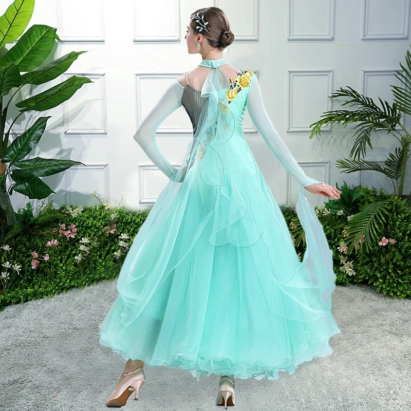 Green Floating Sleeves Floral Sequins Ballroom Dance Competition Costumes Dancing Dress Women Viennese Waltz Dress Ball Gown