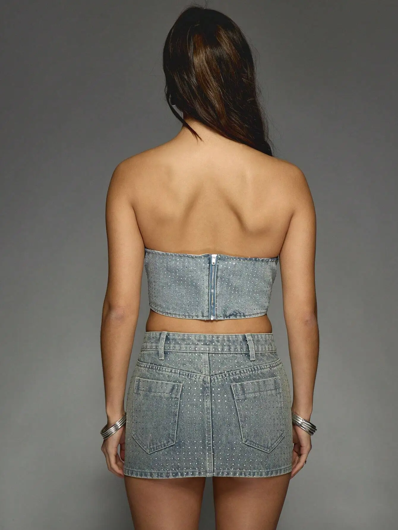 Denim Mini Skirt With Rhinestone Embellishment High Waisted Y2K Clubwear Party Street Style