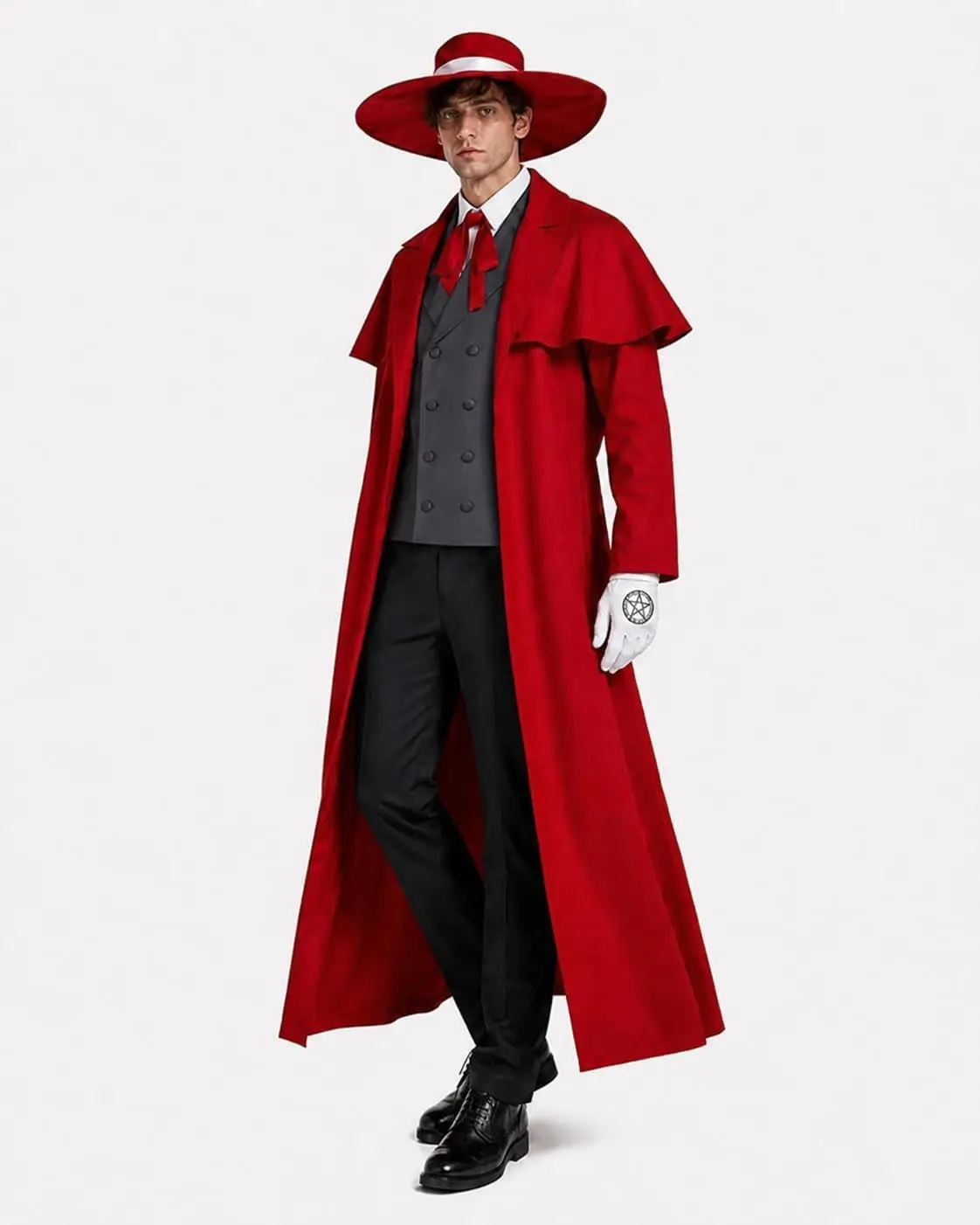 Anime Alucard Cosplay Costume Men's Anime Vampire Cosplay Costume Red Long Coat Outfit with Hat Vest Shirt Pants view 4