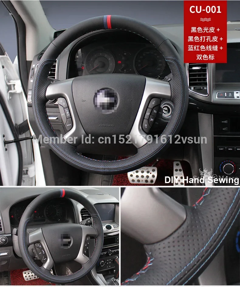 For Chevrolet Captiva High Quality Hand-stitched Anti-Slip Black Leather Red Blue Thread DIY Steering Wheel Cover