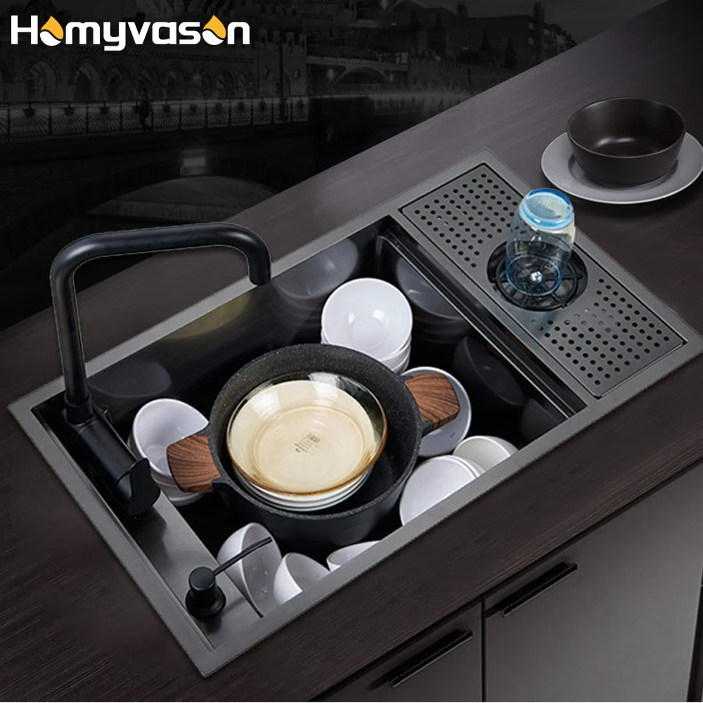

High Quality Nano Black Single Bowl Sus304 Stainless Steel Handmade Undermount Faucet Smart Hidden Kitchen Sink