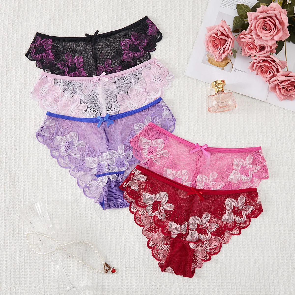 5pcs Lace Sexy Women Panties Mid Waist Perspective Floral Ladies Briefs Breathable Comfortable Female Underwear