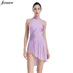 Womens Applique Lyrical Dance Costume Halter Neck Sleeveless Irregular Hem Modern Dance Dress Figure Ice Skating Leotard Dress