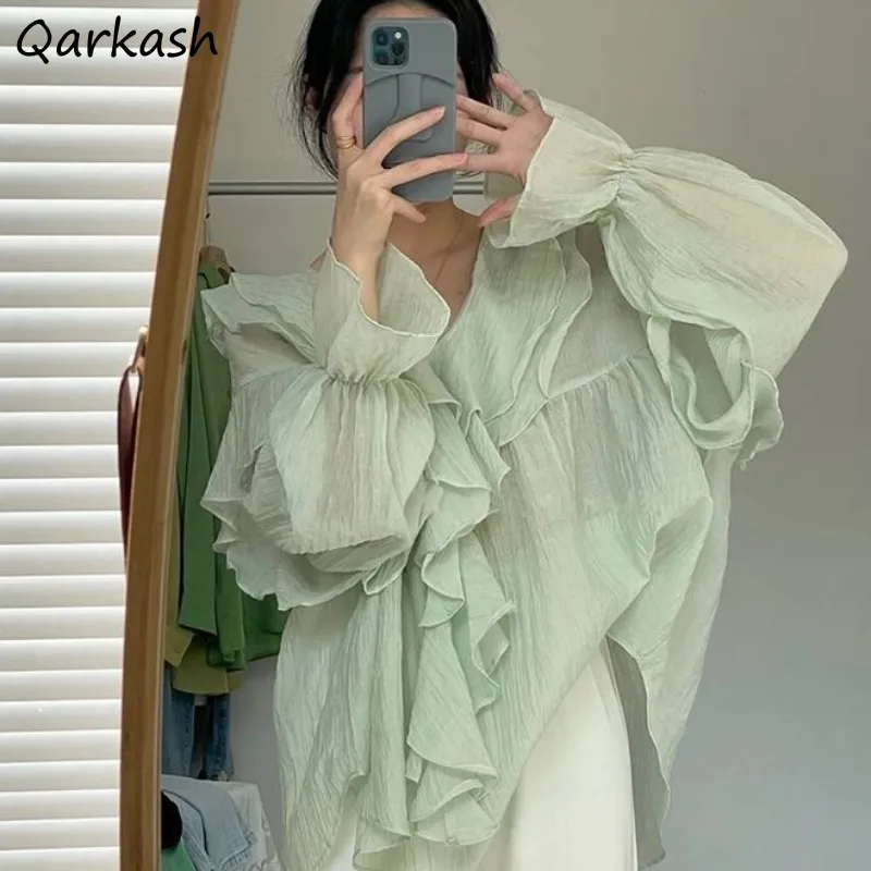 

Gentle Blouse Women Puff Sleeve V-neck Design Casual Loose All-match Spring Clothing Beauty Ladies Streetwear Ruffles New Soft