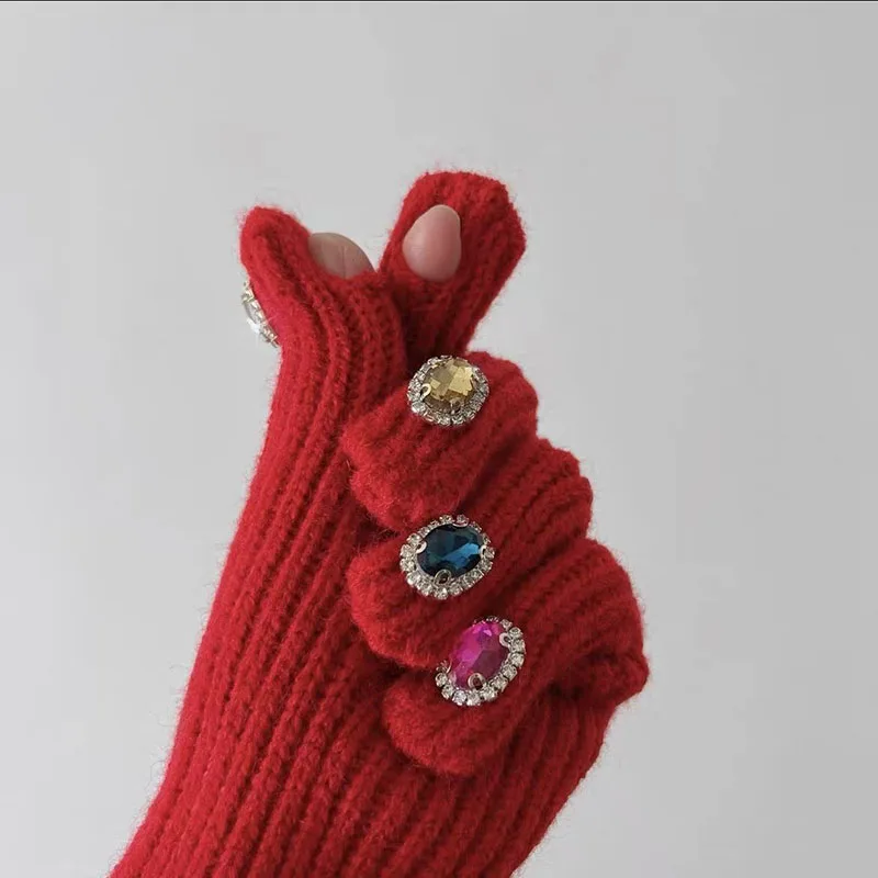 Winter Touch Screen Knitted Gloves Women Solid Fluffy Work Warm Riding Gloves Female Y2k Harajuku Crystal Decoration Mittens