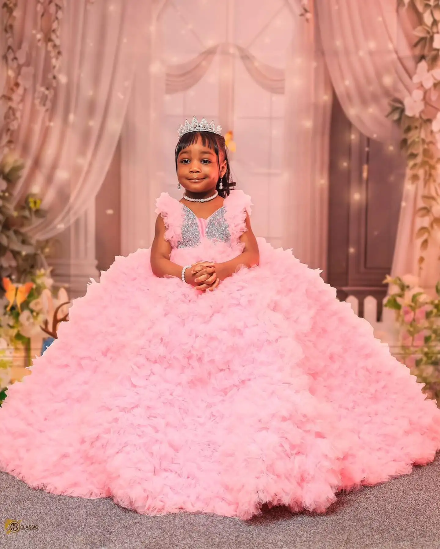 Abito da ballo rosa di lusso per ragazze, abito da compleanno, principessa, con perline, scollo a V, abito da ragazza di fiori per la festa di nozze, Natale, nuovo servizio fotografico