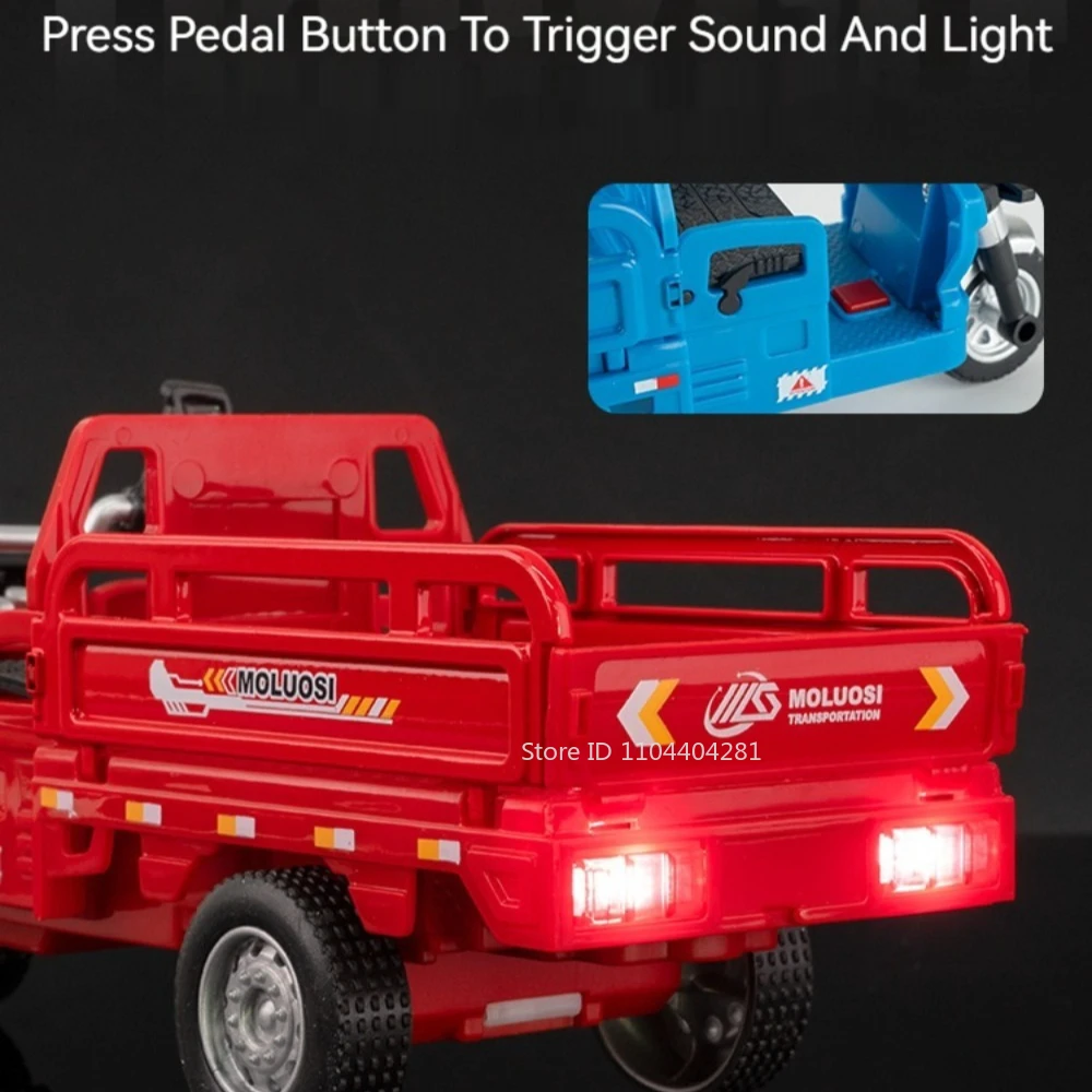 1:15 Tricycle Alloy Models Diecast Motorcycle Toys Car Rear Wheel Return Force Front Wheel Steering Sound Light Vehice Kids Gift
