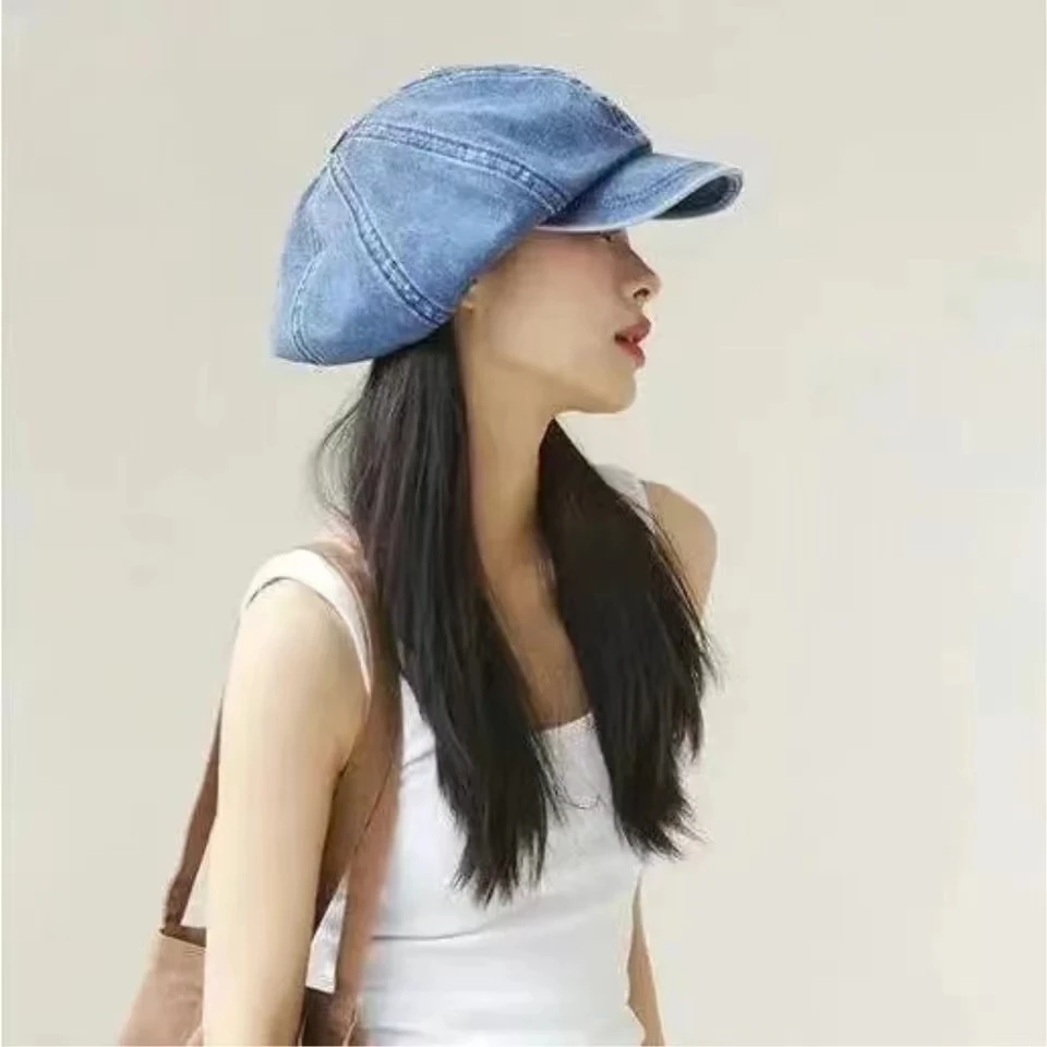 Béret octogonal en denim vintage pour femmes, chapeaux classiques en coton délavé, casquettes gavroche, chapeau à bord plat, casquette de peintre de printemps