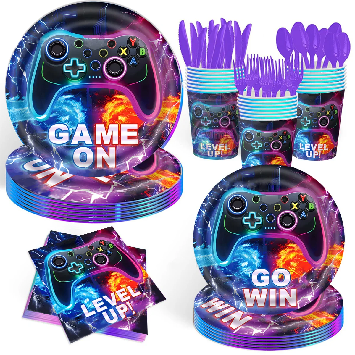 【セール中】10ゲスト青紫ゲームテーマ使い捨て食器ゴービンゲームオンプレートレベルアップハッピーボーイ誕生日パーティーの装飾