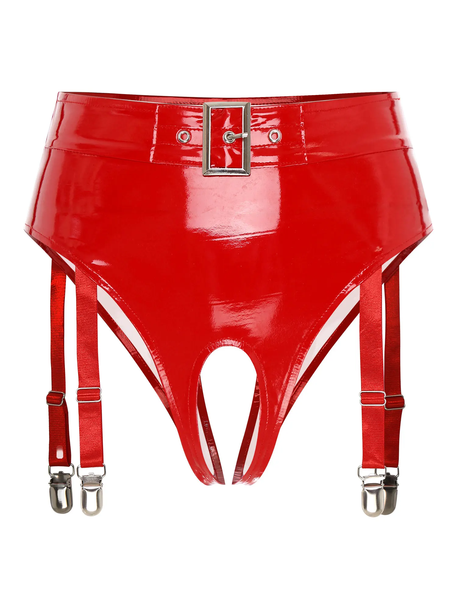 Womens Wet Look Patent Leather Crotchless Underwear with Garter Clip High Waist Sexy Open Crotch Latex Thong Lingerie Nightwear