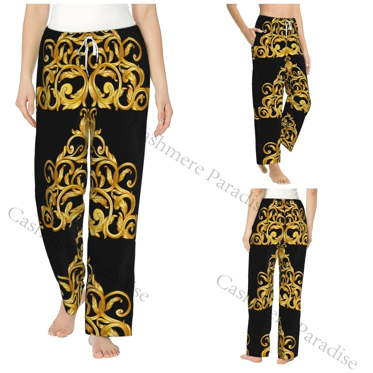

Golden Luxury Baroque Women Sleep Pants Warm Flannel Lounge Pants for Winter Nights