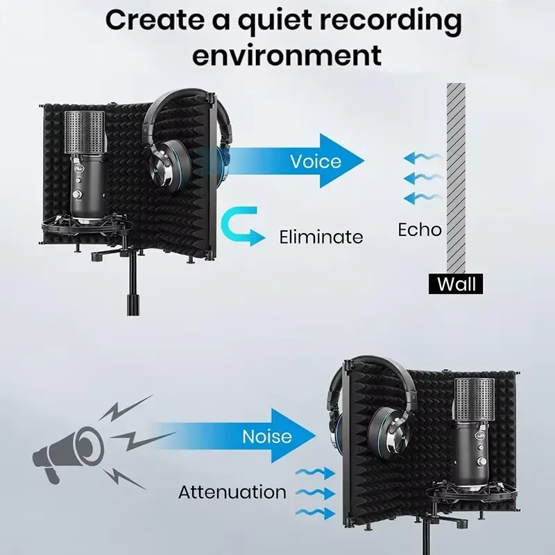 Foldable Studio Microphone Shield 5 Panel Adjustable Microphone Shield Isolation Reflection Filter Vocal Booth for Recording view 4