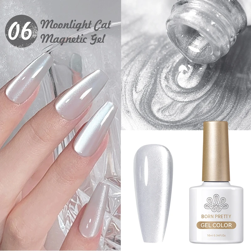 BORN PRETTY 10ml Silver Cat Magnetic Gel Nail Polish Moonlight White Light Nail Sparkling Glitter Semi Permanent Varnish