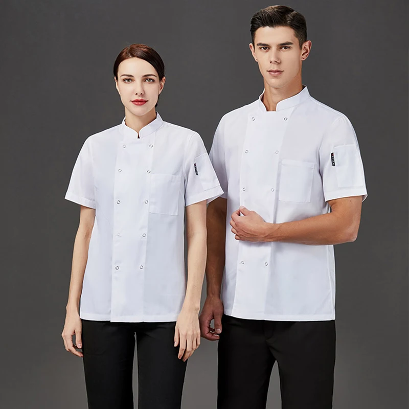 Abrigo de Chef negro de manga corta para restaurante, chaqueta de cocina, Catering, uniforme de trabajo, conjunto de delantal, ropa de cocina para Hotel, venta al por mayor