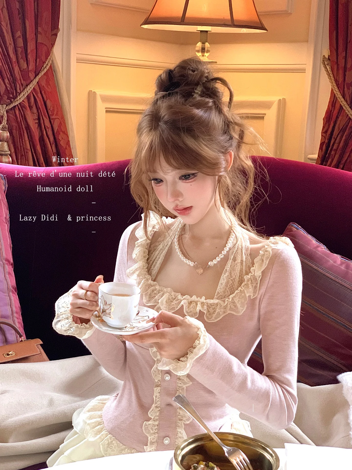 

High ammage Lace Base Layer T-irt with Wooden Bows Princ Sle Long Sve Women's Casual Top by Lazy Didi