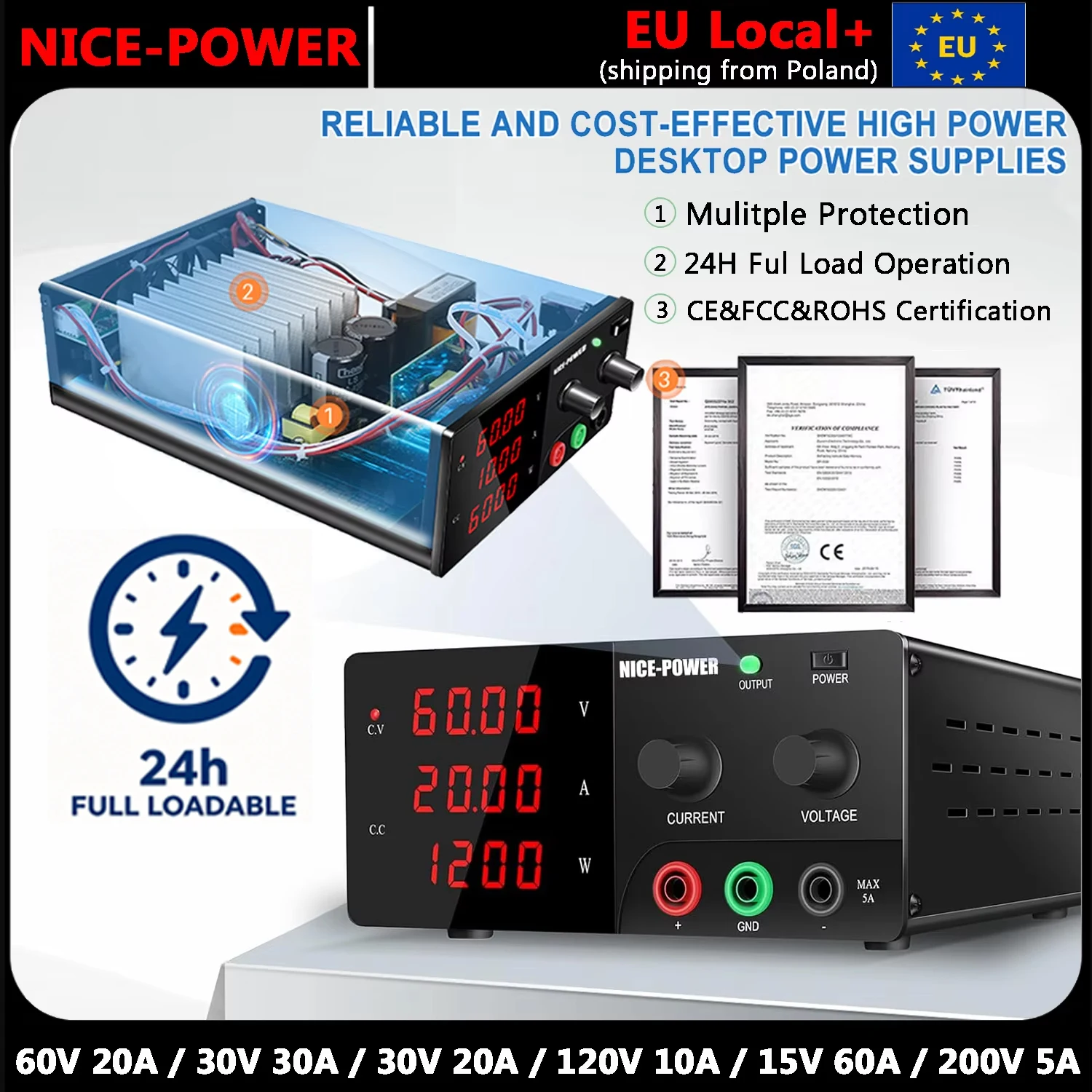 NICE-POWER 60V 20A Einstellbares Schaltnetzteil 30V 30A Labornetzteil mit Voreinstellbarem Ausgangsstrom 72V 144V zum Laden