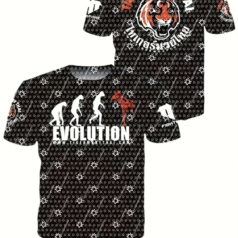 Muay Thai Tiger Graphic Short Sleeve T-shirt Evolution Print Unisex Casual Tee Fighting Sports Loose Top Men Women Streetwear
