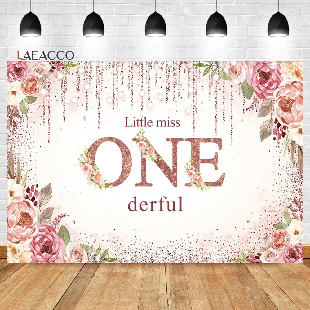 

Laeacco Miss Onederful Birthday Backdrop Pink Floral Glitter 1st Birthday Sweet Baby Girl Portrait Custom Photography Background