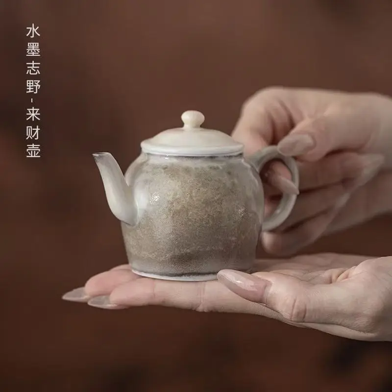 

90ML Ink and Wash Shino Lai Cai Pot Chinese Ceramic Handle Pot Household Retro Kung Fu Tea Set Teapot Souvenir Office Decoration